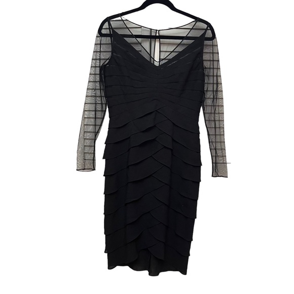 Adrianna Papell Dresses & Skirts - Adrianna Papell Long Sleeve Mesh Tiered Raffled Black Midi Dress Size 8